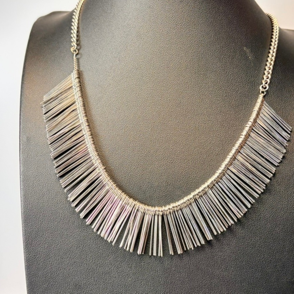 Natasha Fringe Necklace Silver Tone Heavy Metal Spike Statement Jewelry Goth